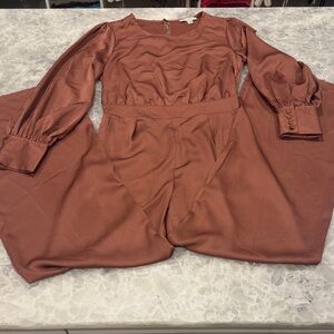 Satin Long-Sleeve Jumpsuit in Rust